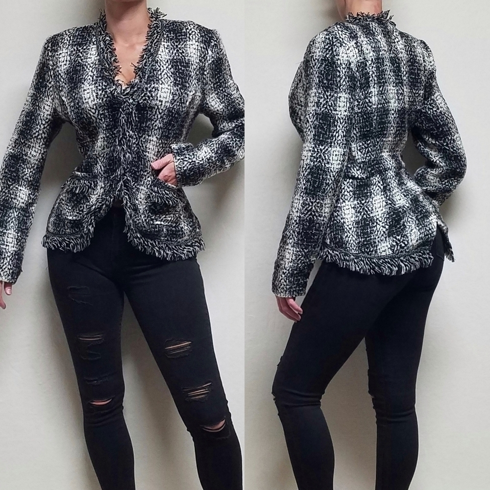 Vintage Carol Anderson Black White Tweed Braided Fringe Trim Unstructured Jacket